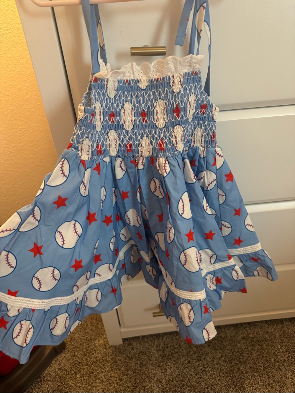 Blue Baseball Tie-Shoulder Kids Dress with Red Accents